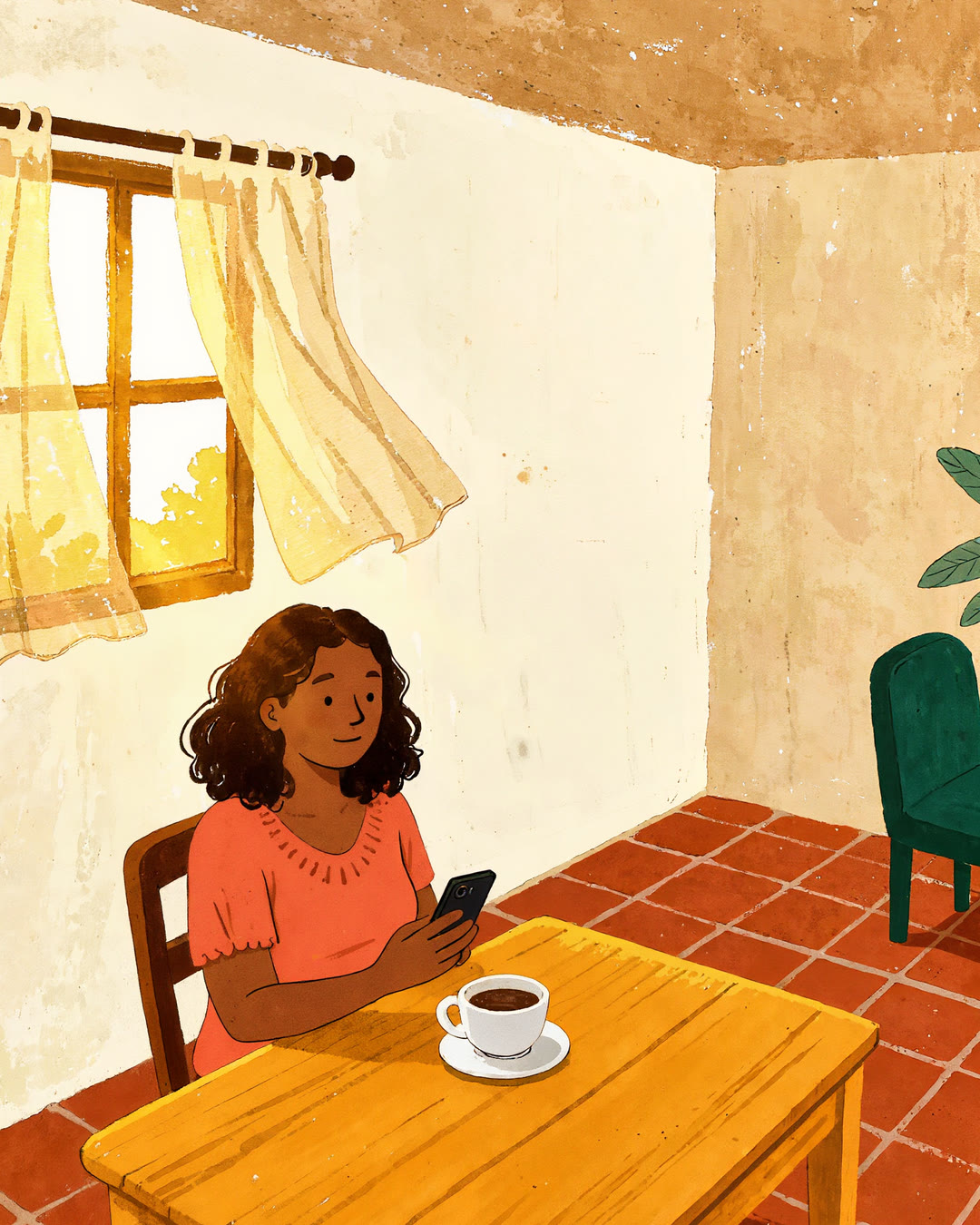 Ilustración de Carolina con el teléfono en la mano, luz de domingo.